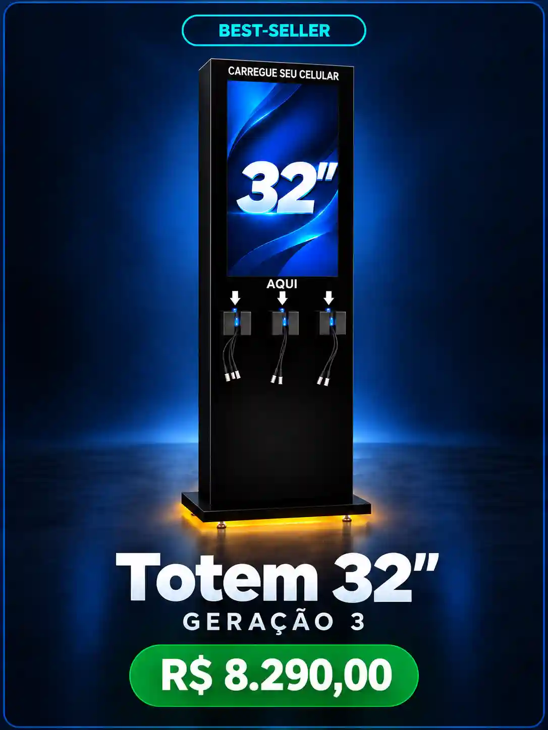 Totem de 32 polegadas da geração 3, com pontos de recarga para celulares