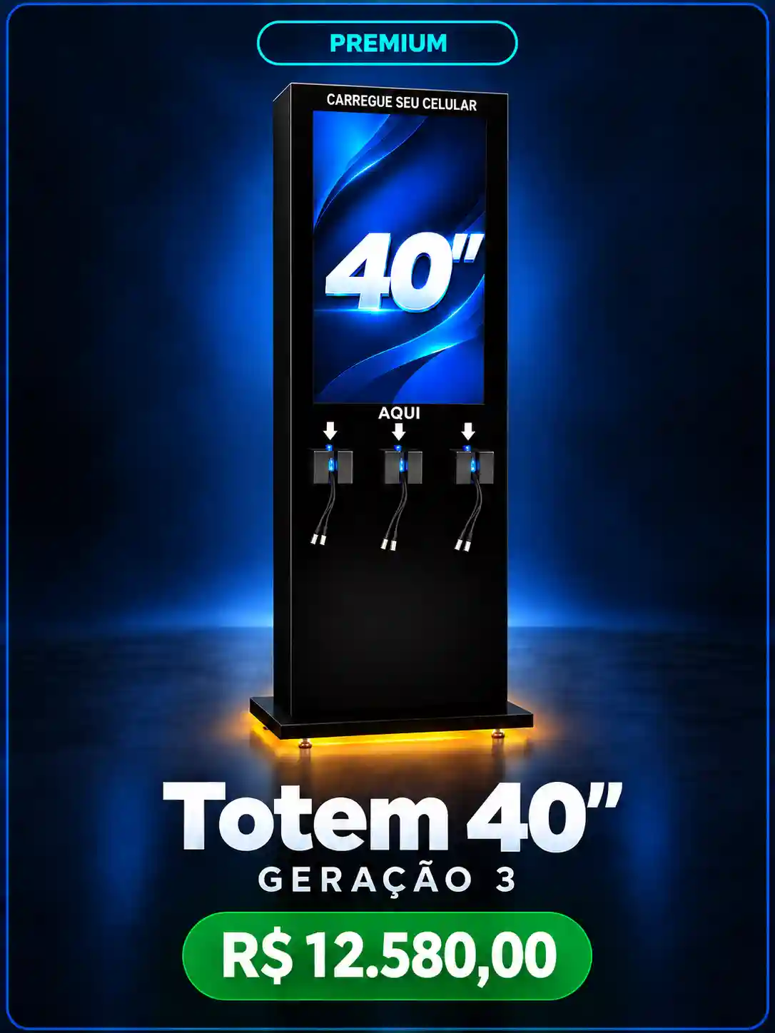 Totem premium de 40 polegadas da geração 3, com pontos de recarga para celulares